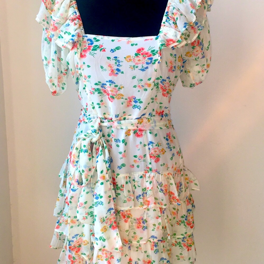 Pretty, Romantic LOVESHACKFANCY Mini Dress in Floral Kimbra SILK-chiffon EUC